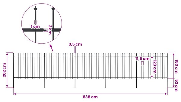 Zahradní plot s kopím nahoře ocelový 838 x 150 cm černý 277633