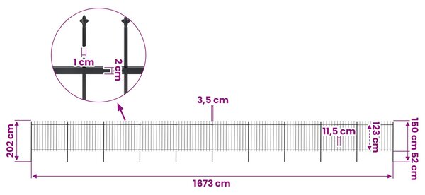 Zahradní plot s kopím nahoře ocelový 1673 x 150 cm černý 277638