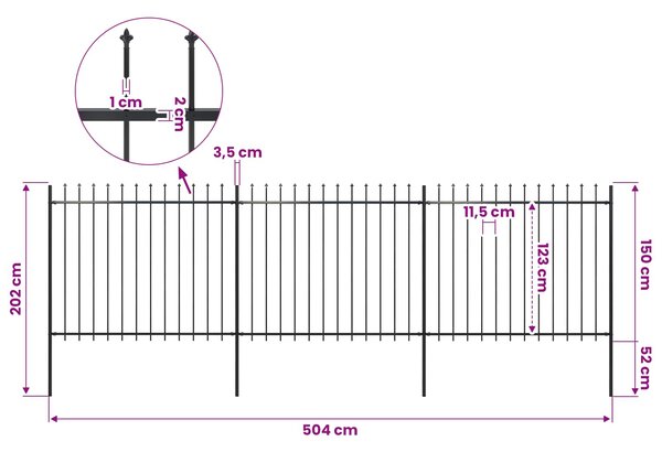 Zahradní plot s kopím nahoře ocelový 504 x 150 cm černý 277631