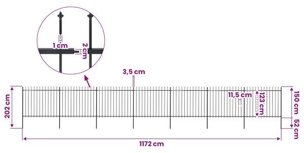 Zahradní plot s kopím nahoře ocelový 1172 x 150 cm černý 277635
