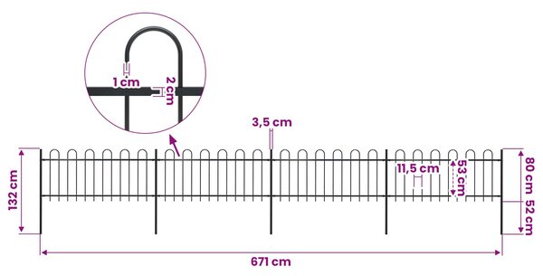 Zahradní plot s obloukem nahoře ocelový 671 x 80 cm černý 277650