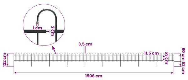Zahradní plot s obloukem nahoře ocelový 1506 x 80 cm černý 277655