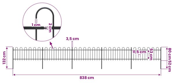 Zahradní plot s obloukem nahoře ocelový 838 x 80 cm černý 277651