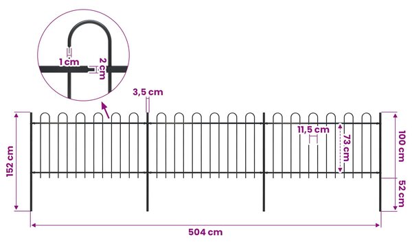 Zahradní plot s obloukem nahoře ocelový 504 x 100 cm černý 277658