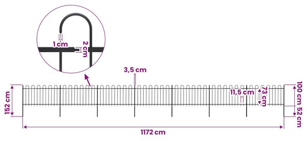 Zahradní plot s obloukem nahoře ocelový 1172 x 100 cm černý 277662