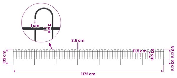 Zahradní plot s obloukem nahoře ocelový 1172 x 80 cm černý 277653