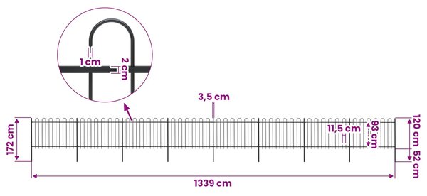 Zahradní plot s obloukem nahoře ocelový 1339 x 120 cm černý 277672