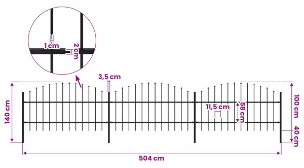 Zahradní plot s kopím nahoře ocelový 504 x 100 cm černý 277714