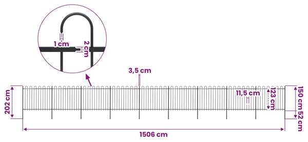 Zahradní plot s obloukem nahoře ocelový 1506 x 150 cm černý 277682