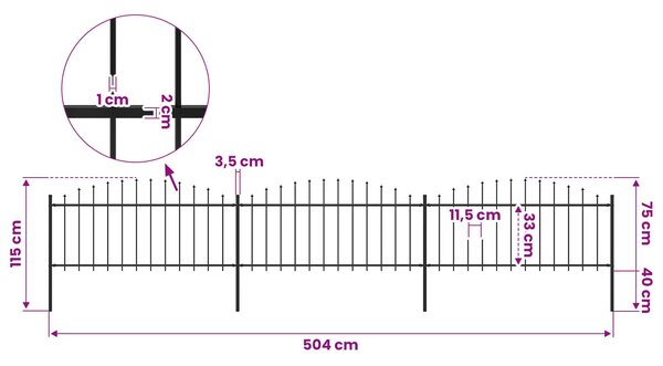 Zahradní plot s kopím nahoře ocelový 504 x 75 cm černý 277705
