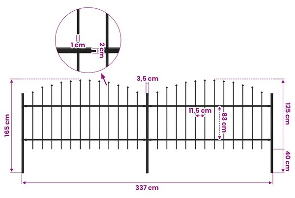 Zahradní plot s kopím nahoře ocelový 337 x 125 cm černý 277722