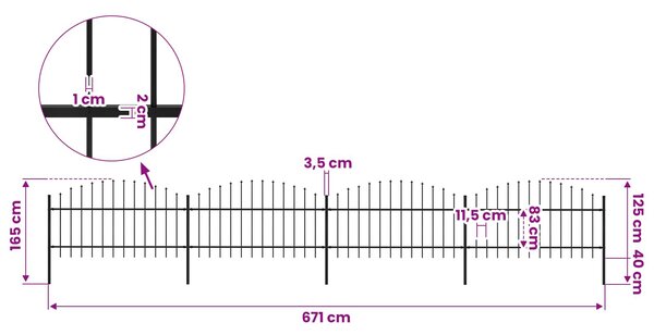 Zahradní plot s kopím nahoře ocelový 671 x 125 cm černý 277724
