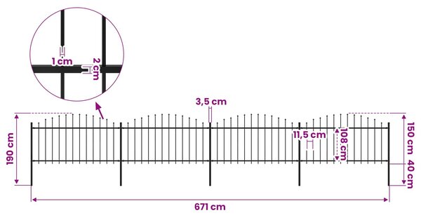 Zahradní plot s kopím nahoře ocelový 671 x 150 cm černý 277733