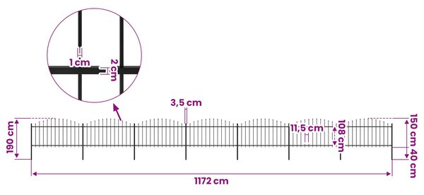 Zahradní plot s kopím nahoře ocelový 1172 x 150 cm černý 277736