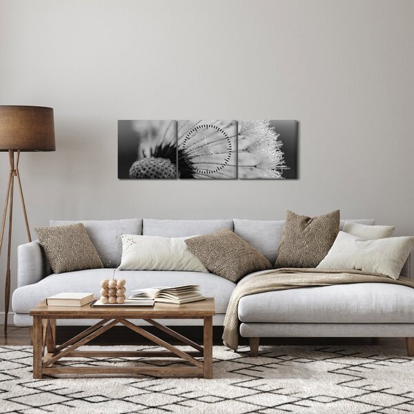 Obraz pampelišky - černobílý (s hodinami) (90x30 cm)