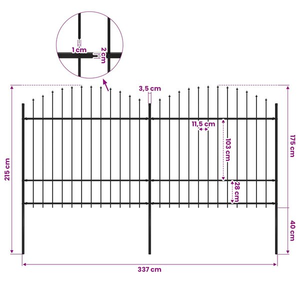 Zahradní plot s kopím nahoře ocelový 337 x 175 cm černý 277740
