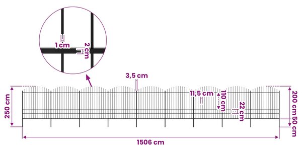 Zahradní plot s kopím nahoře ocelový 1506 x 200 cm černý 277756