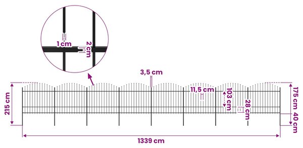 Zahradní plot s kopím nahoře ocelový 1339 x 175 cm černý 277746