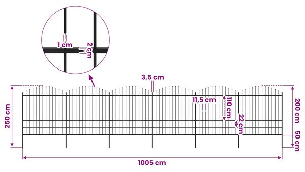 Zahradní plot s kopím nahoře ocelový 1005 x 200 cm černý 277753