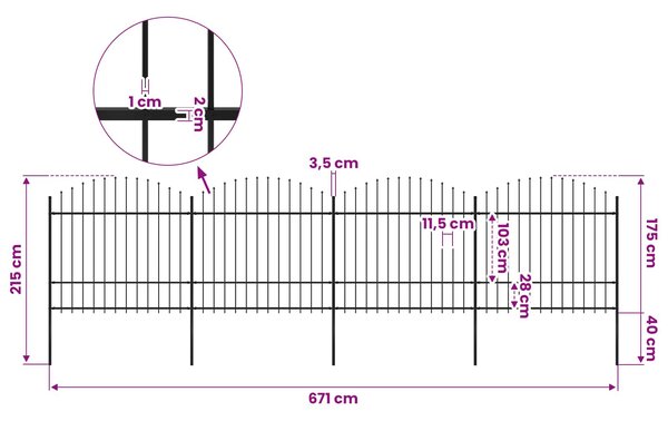 Zahradní plot s kopím nahoře ocelový 671 x 175 cm černý 277742