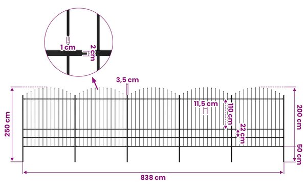 Zahradní plot s kopím nahoře ocelový 838 x 200 cm černý 277752