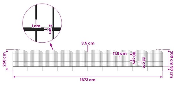 Zahradní plot s kopím nahoře ocelový 1673 x 200 cm černý 277757