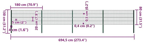 Plotový panel se sloupky železný 694,5 x 80 cm zelený 278607