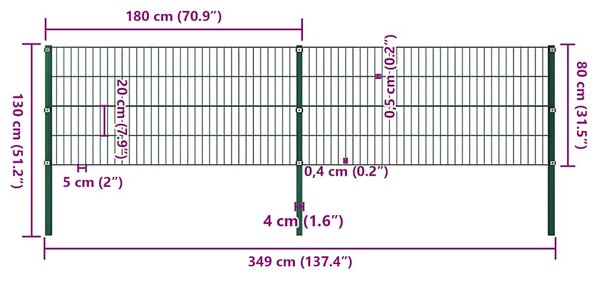 Plotový panel se sloupky železný 349 x 80 cm zelený 278605