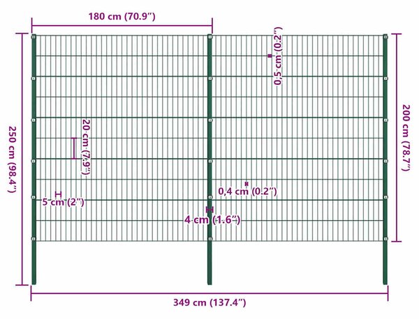 Plotový panel se sloupky železný 349 x 200 cm zelený 278680