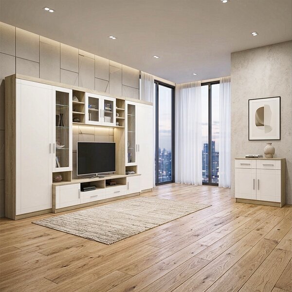 Obývací stěna PARIS + komoda | 340 cm + 69 cm | sonoma/bílá