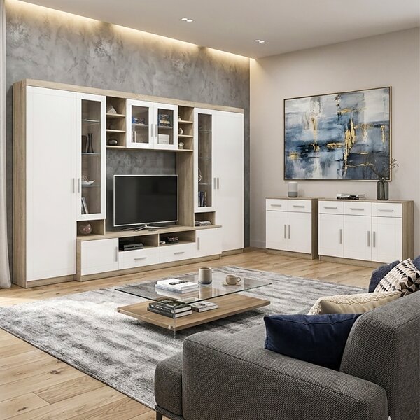 Obývací stěna PARIS + 2x komoda | 340 cm + 103,4 cm + 69 cm | sonoma/bílá