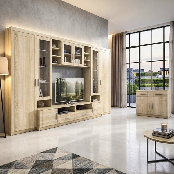 Obývací stěna PARIS + komoda | 340 cm + 69 cm | dub sonoma