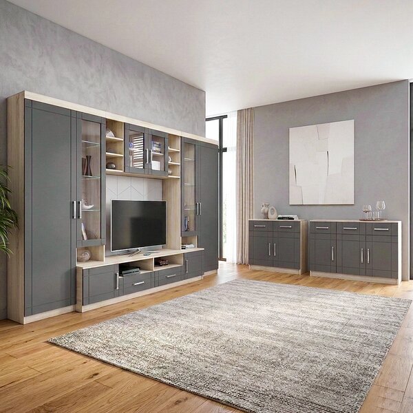 Obývací stěna PARIS + 2x komoda | 340 cm + 103,4 cm + 69 cm | sonoma/grafit