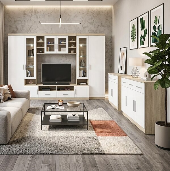 Obývací stěna PARIS + 2x komoda | 340 cm + 103,4 cm + 69 cm | sonoma/bílá
