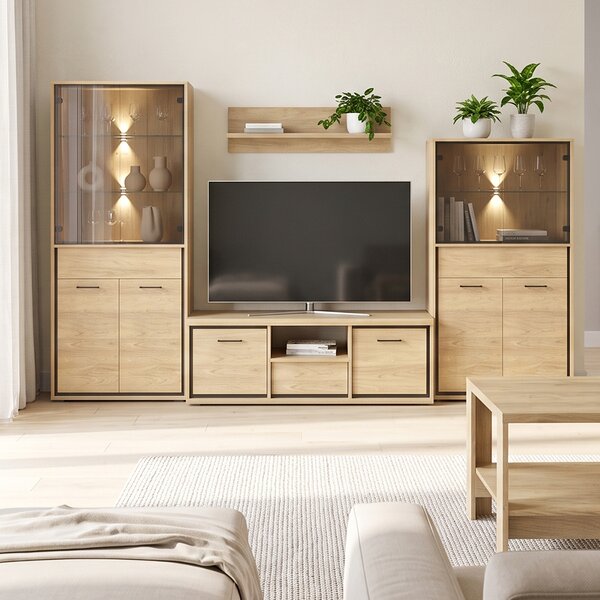 Obývací stěna s komodou MEDIOLAN | sestava A | 323,5 + 177 cm + konferenční stolek 65x65 cm | 7 dílů | natural hikora