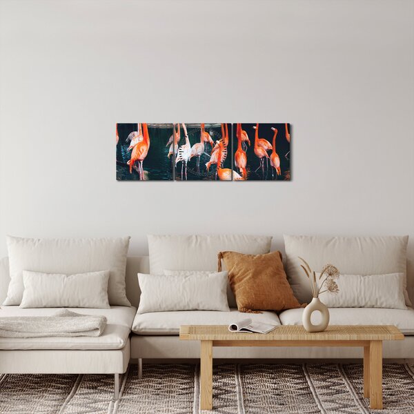 Obraz stáda plameňáků (s hodinami) (90x30 cm)