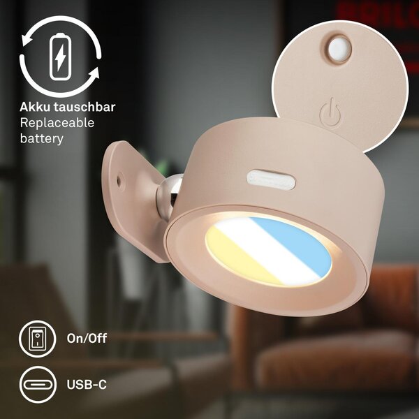 BRI 3896011 Tari nástěnné bodové svítidlo - 1,6W, 160lm, LED, nabíjecí, CCT, stmívatelné, bezdrátové, béžová - BRILONER