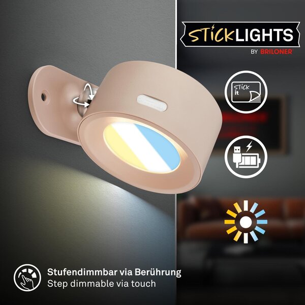 BRI 3896011 Tari nástěnné bodové svítidlo - 1,6W, 160lm, LED, nabíjecí, CCT, stmívatelné, bezdrátové, béžová - BRILONER