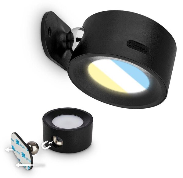 BRI 3896015 Tari nástěnné bodové svítidlo - 1,6W, 160lm, LED, nabíjecí, CCT, stmívatelné, bezdrátové, černá - BRILONER