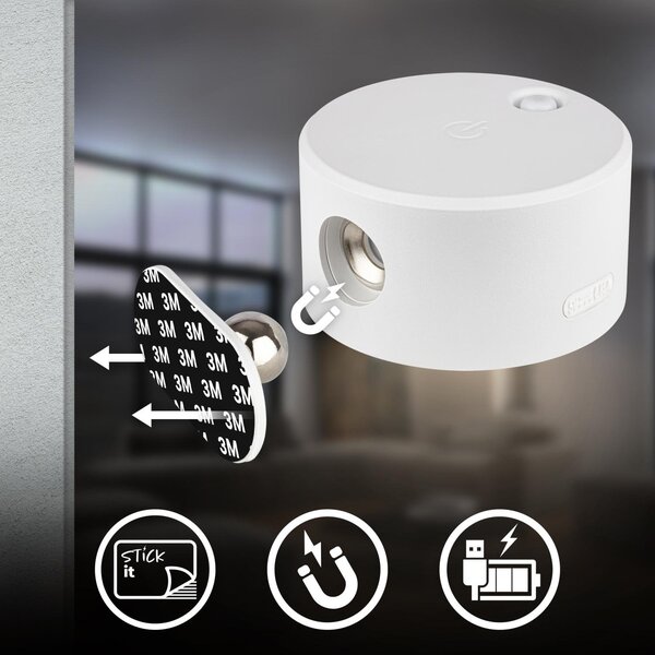 BRI 3896016 Tari nástěnné bodové svítidlo - 1,6W, 160lm, LED, nabíjecí, CCT, stmívatelné, bezdrátové, bílá - BRILONER