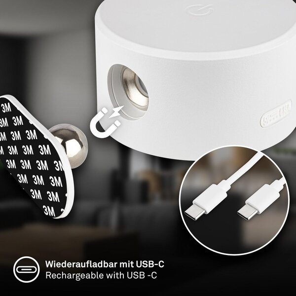 BRI 3896016 Tari nástěnné bodové svítidlo - 1,6W, 160lm, LED, nabíjecí, CCT, stmívatelné, bezdrátové, bílá - BRILONER