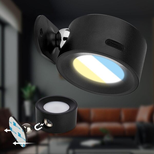 BRI 3896015 Tari nástěnné bodové svítidlo - 1,6W, 160lm, LED, nabíjecí, CCT, stmívatelné, bezdrátové, černá - BRILONER