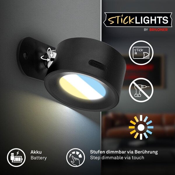 BRI 3896015 Tari nástěnné bodové svítidlo - 1,6W, 160lm, LED, nabíjecí, CCT, stmívatelné, bezdrátové, černá - BRILONER