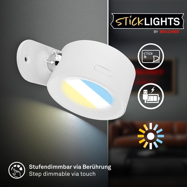 BRI 3896016 Tari nástěnné bodové svítidlo - 1,6W, 160lm, LED, nabíjecí, CCT, stmívatelné, bezdrátové, bílá - BRILONER