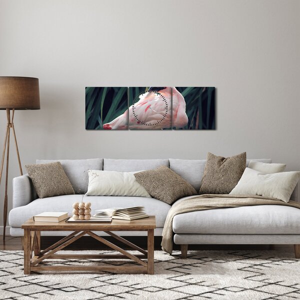 Obraz - Plameňák (s hodinami) (90x30 cm)