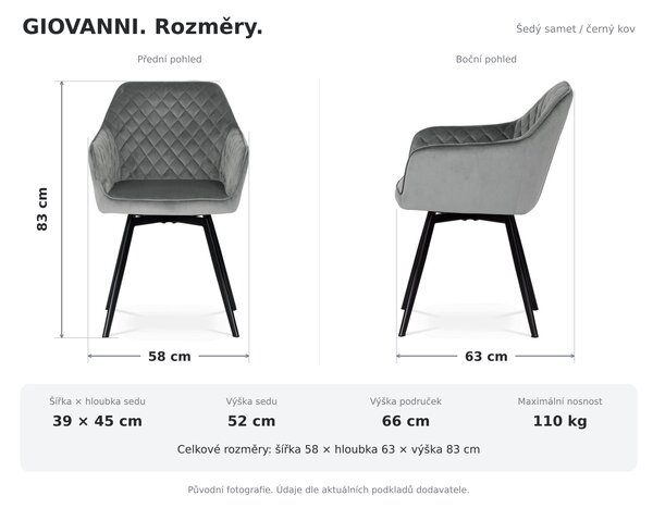 Jídelní otočná židle GIOVANNI - šedý samet / černé kovové nohy