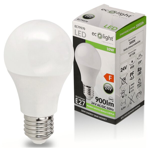 LED žárovka E27 - 10W - 24V -900lm - teplá bílá ECOLIGHT