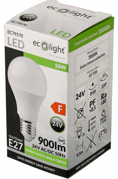 LED žárovka E27 - 10W - 24V -900lm - teplá bílá ECOLIGHT