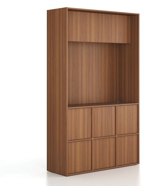Kancelářská skříň FRAME, 6x dveře, prostor pro TV, 1299 x 450 x 2162 mm, kódový zámek, ořech