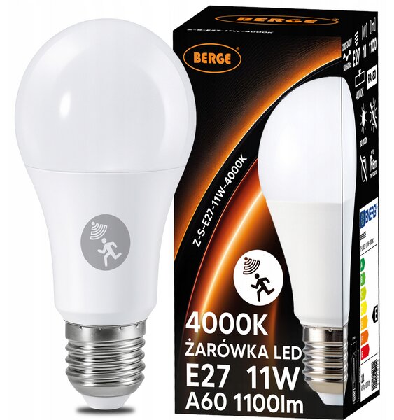 LED žárovka E27 - 11W - s mikrovlnným senzorem pohybu a soumraku - neutrální bílá BERGE